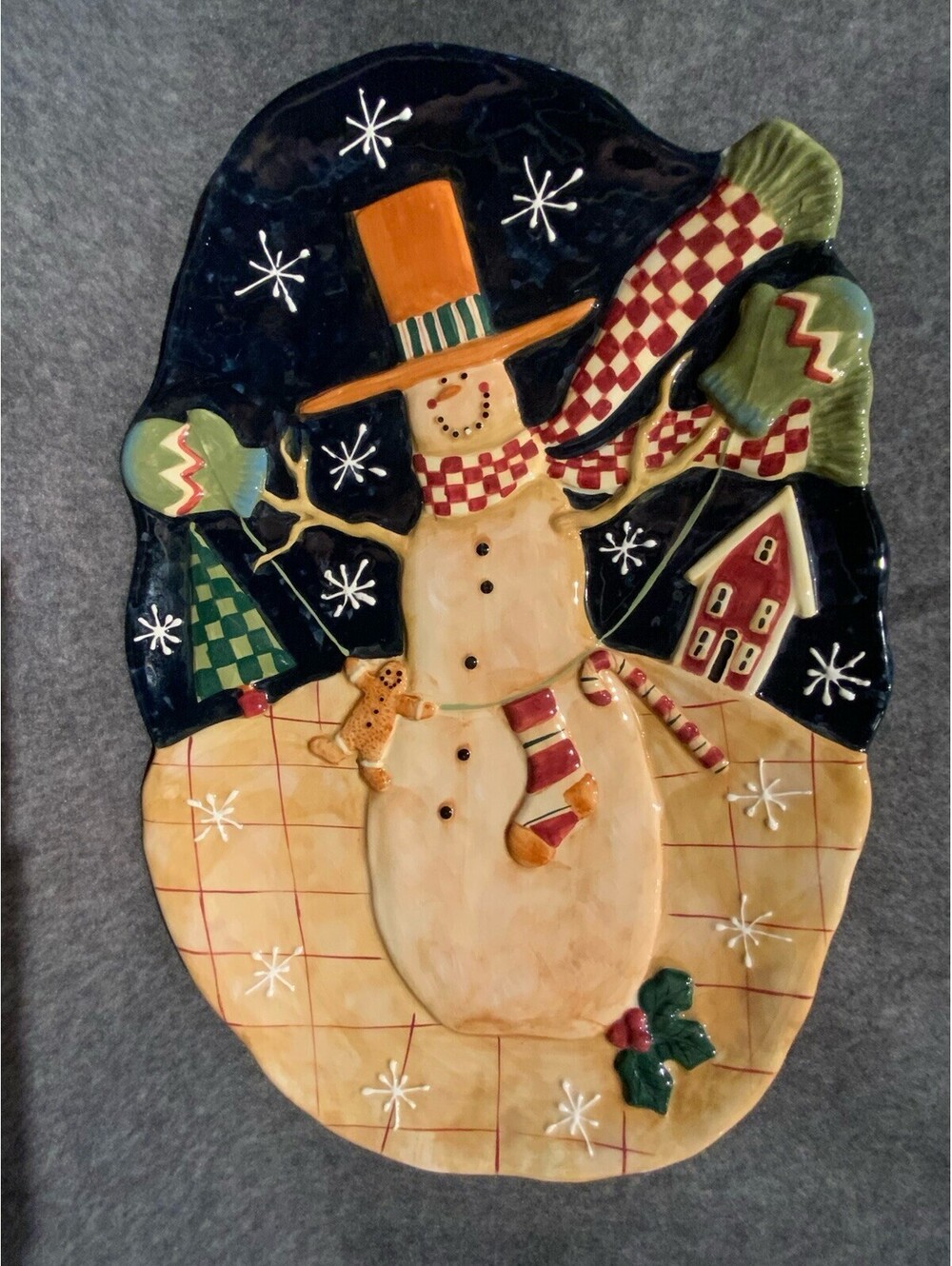 Certified International Susan Winget Folk Art Snowman Serving Plate 16.5”Lx11”W